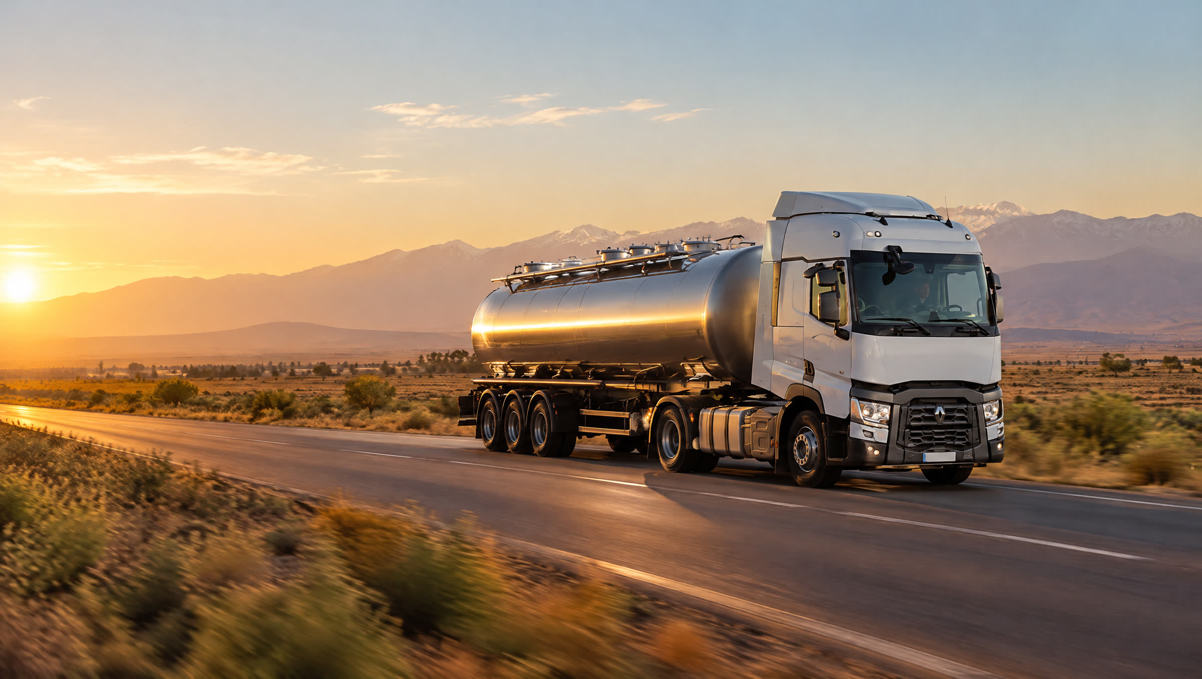 Camion citerne sur une route au coucher du soleil