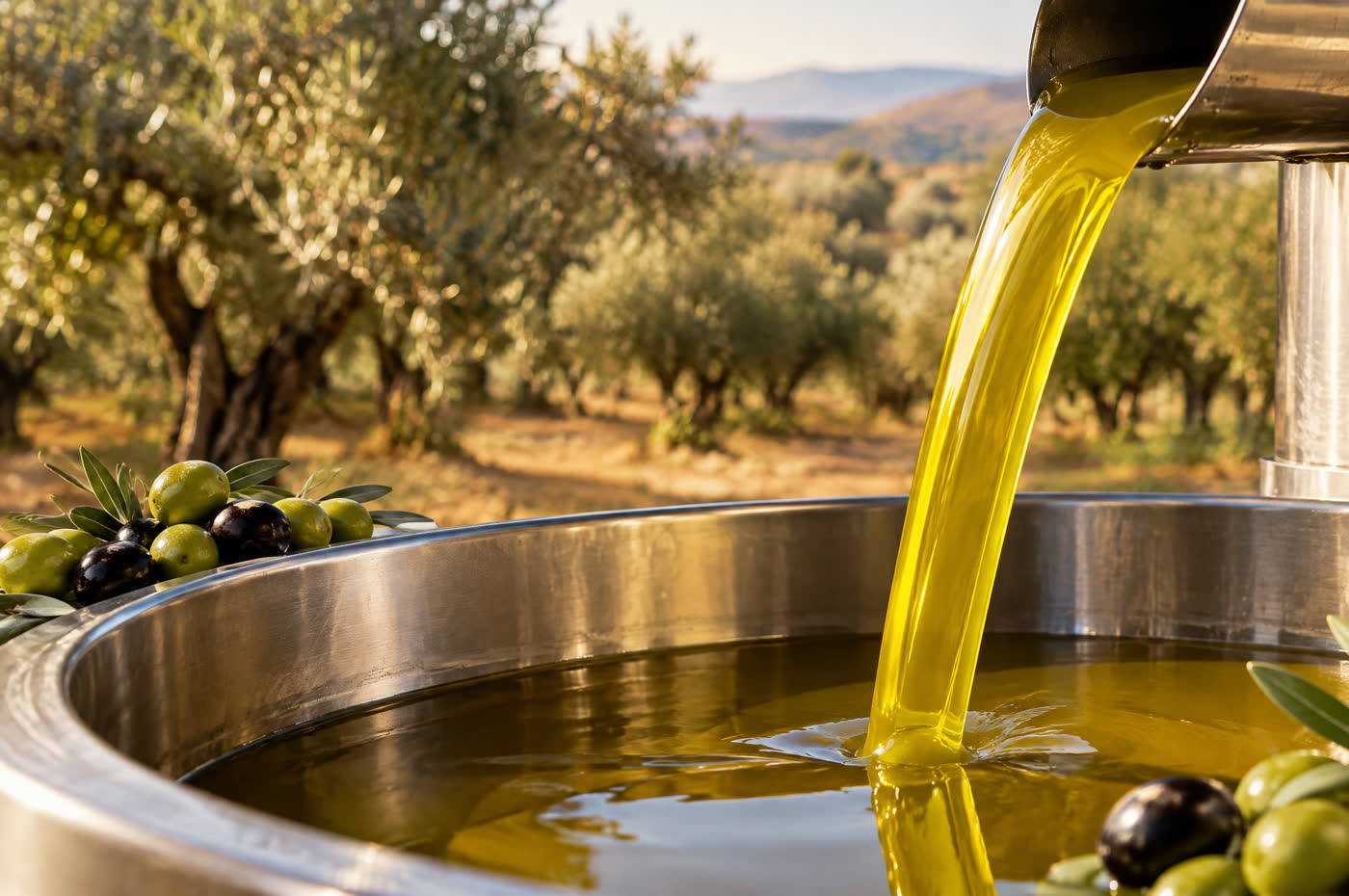 Olive oil poured into a stainless-steel vat